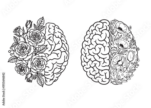 Mental health or wellness concept, black and white line and simple drawing of a brain half made of flowers. Modern vector illustration