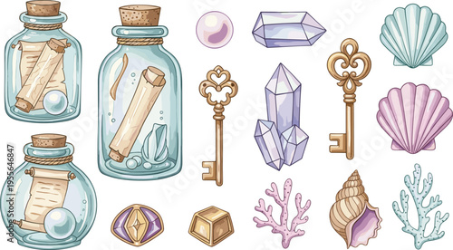 Fantasy Treasure and Ocean Elements Vector Collection Featuring Message Bottles Crystal Gems Antique Keys Seashells and Coral Decorative Set