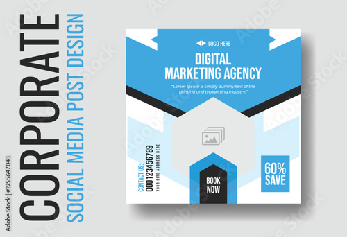 Professional digital marketing agency social media post template with blue geometric hexagon design, 60 percent save offer, and book now call to action.