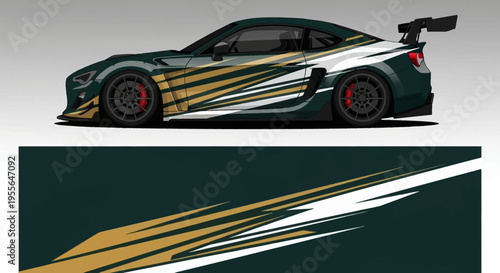 Sleek high-performance race car with gold racing stripes and bold aerodynamic design elements.