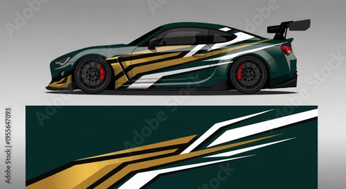 Bold Green and Gold Sport Car Silhouette with Dynamic Stripes and Sleek Aero Design.
