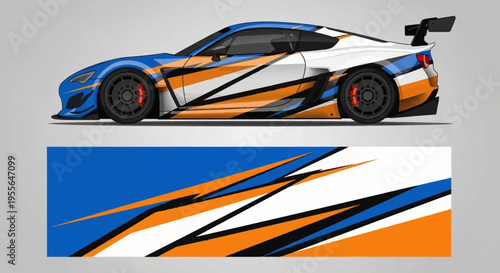 Side view of a blue and orange race car with dynamic racing stripes and graphics.