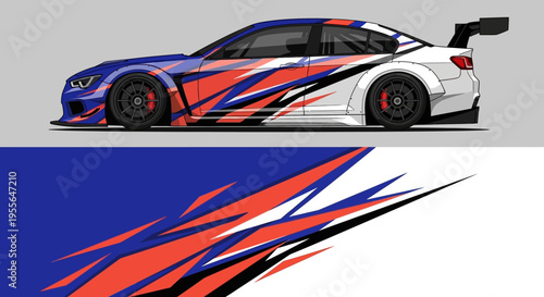 Sleek racing car with bold blue red white graphics and aerodynamic decals.