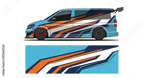 Stylized blue and orange van graphic with racing stripes, a modern automotive illustration.