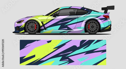 Vibrant multi colored sports car with abstract geometric graffiti livery in a sleek aerodynamic design.