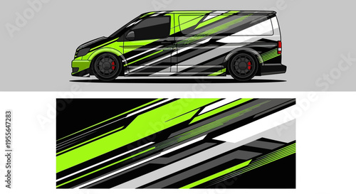 Highway van with neon green and black racing stripe graphic design.