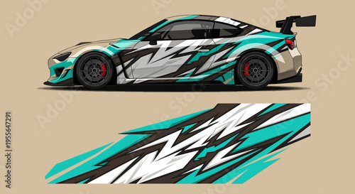 Graphic race car with teal white black livery and stylized emblem artwork.