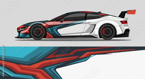 Futuristic white race car concept with blue and red accents and dynamic aerodynamics.