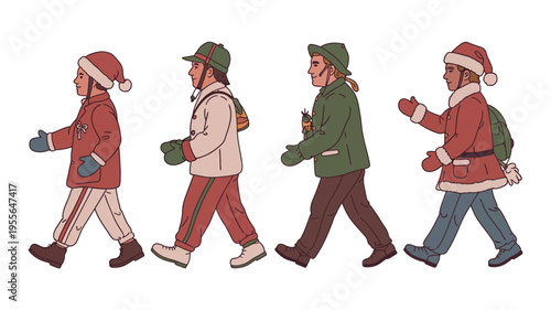 Children in festive winter clothing walking in a line