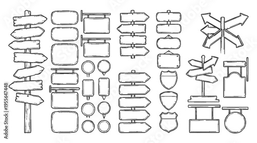 Wayfinding sign pack in sketch style for directional guidance and navigation