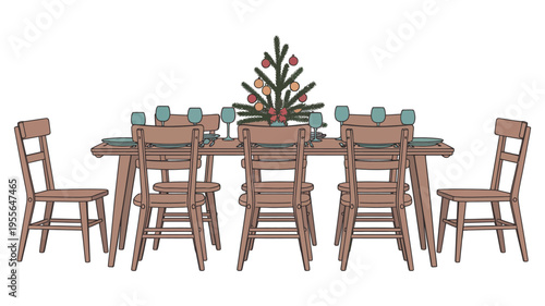 Festive dining table set with christmas tree and chairs