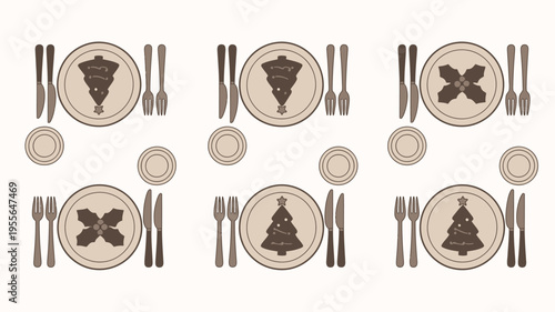 Christmas dinner table setting with festive plates and cutlery