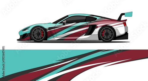 Stylized racing car illustration with teal and maroon racing stripes.