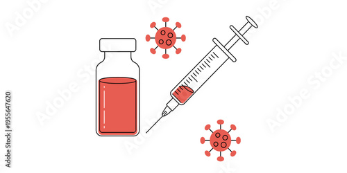 A flat vector illustration of a medical vaccine vial and a syringe next to two virus particles Vector, illustration
