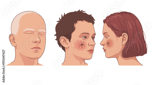 Three diverse faces showing different skin tones and hair types with subtle markings
