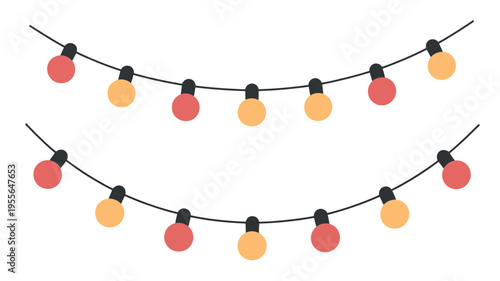 Two strings of colorful festive string lights with red and yellow bulbs