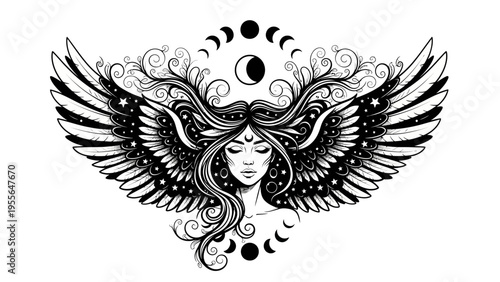 Mystical Winged Woman with Moon Phases and Stars - Esoteric Art