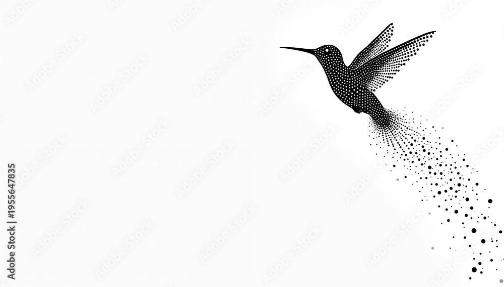 Fototapeta premium Black hummingbird made of dots in flight. Bird dissolves into scattering particles against white background. Tiny creature moves fast, wings beat, tail streams.