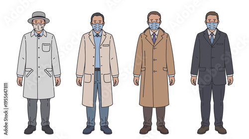 Four men in trench coats and face masks standing in a row