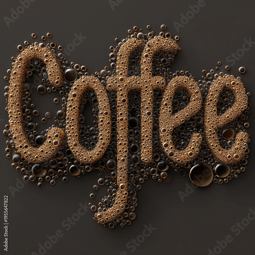 3D Coffee text made of coffee bubbles on dark background