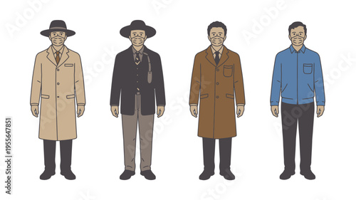 Four men in stylish vintage fashion outfits on white background
