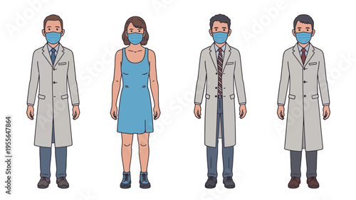 Four diverse medical professionals wearing protective face masks and lab coats