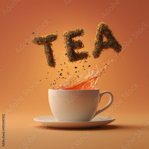 Tea Typography Made of Tea Leaves Splashing into Cup – Herbal Drink Concept on Warm Background