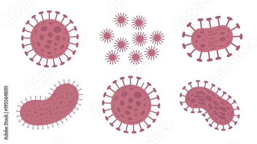 Collection of stylized pink virus particles with spikes on white background