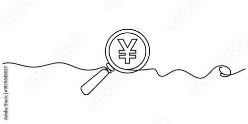 A single continuous line drawing of a magnifying glass focusing on the japanese yen currency sign Vector, illustration