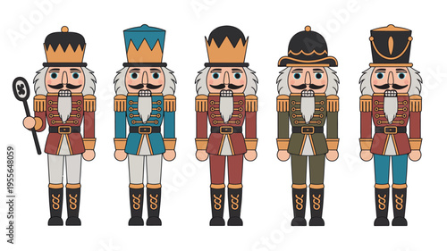 Five traditional nutcracker figures in festive uniforms standing in a row