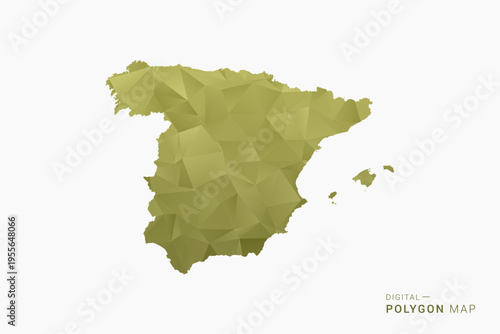 Spain polygon map vector illustration in low poly geometric style, soft pastel colors with Olive green, clean silhouette on solid background, ideal for infographic.