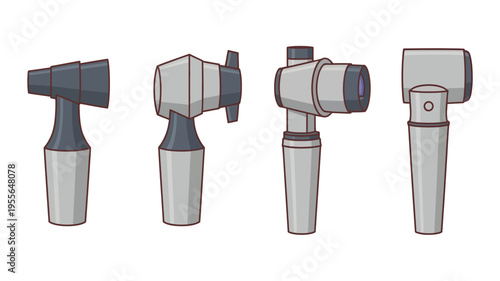 Collection of four different otoscopes on a white background