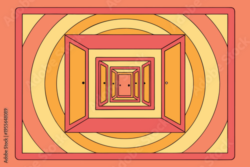 Endless corridor with open doors in orange and yellow