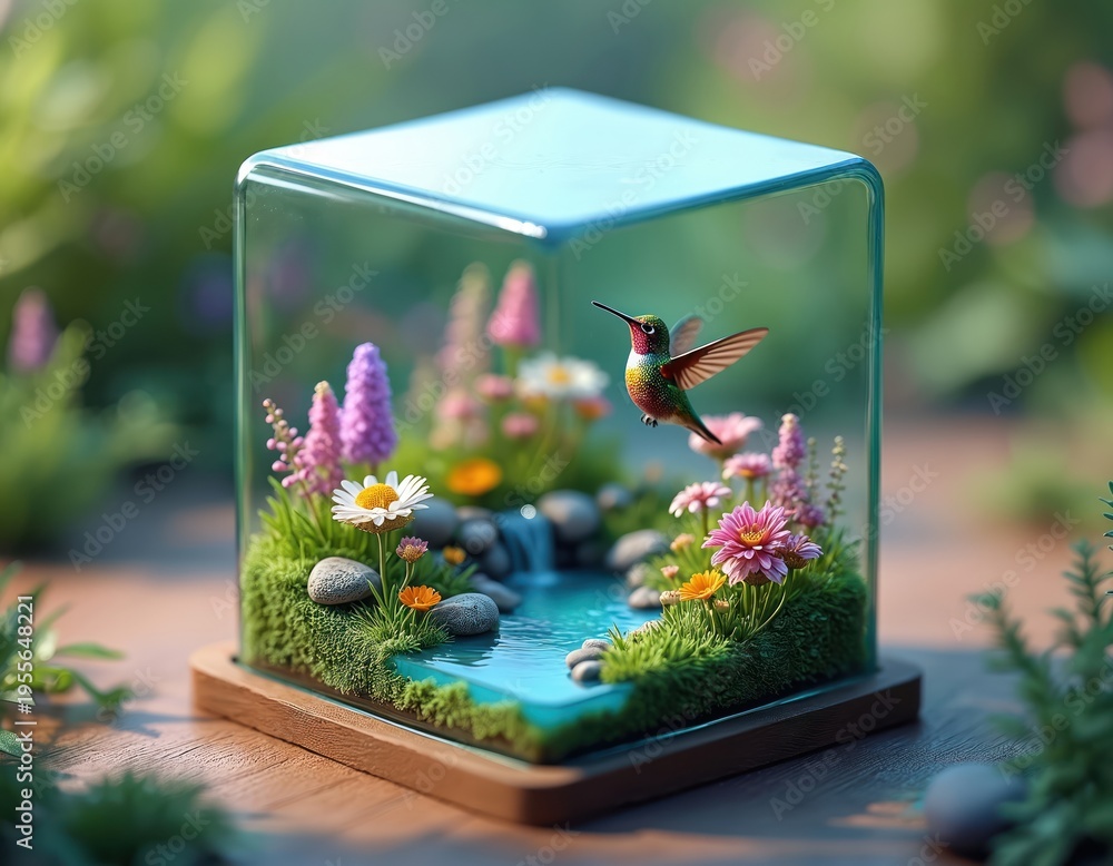 Fototapeta premium Tiny hummingbird hovers over miniature garden diorama in glass cube. Small bird flies near flowers and water features. Nature scene in small world.