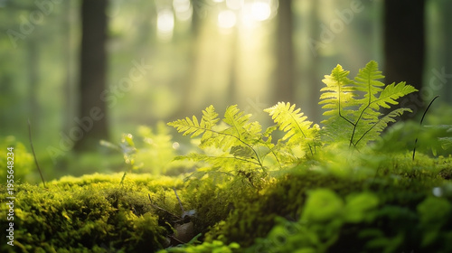 Sunlit Ferns and Moss in a Lush Green Enchanted Forest