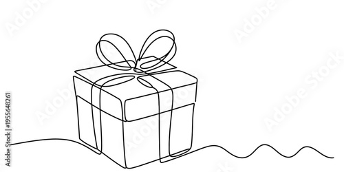 Minimalist continuous line drawing of a wrapped gift box with a bow for celebration and holidays Vector, illustration