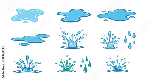 Collection of cartoon water splashes droplets and puddles in varying shapes