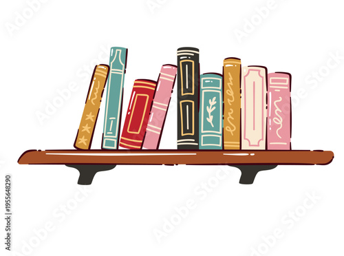 Bookshelf section with standing books, varied covers and decorative spines on wooden shelf. Library decor, reading corner and book lover design with bookshelf section, cartoon vector illustration
