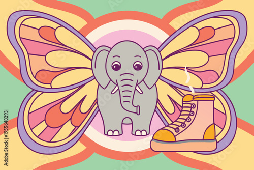 Elephant with butterfly wings and a boot yellow