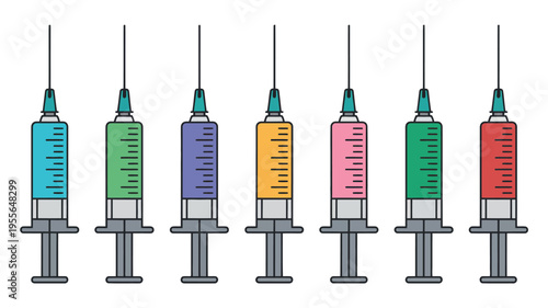 Collection of colorful syringes filled with liquid against white background