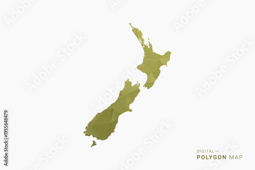 New Zealand polygon map vector illustration in low poly geometric style, soft pastel colors with Olive green, clean silhouette on solid background, ideal for infographic.