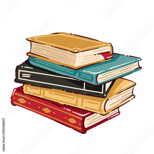 Vintage books stack with hardcovers, varied bindings, thick pages and ribbon bookmark in layered pile. Library decor, reading theme and book lover design with vintage books, cartoon vector illustratio
