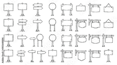 Editable blank signboard vector set with multiple directional and informational signs on stands