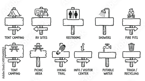 Rustic black campground signage icon bundle for outdoor recreation and travel