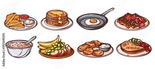 Breakfast food set with pancakes, waffles, fried egg, porridge, fruit plate, croissants, savory breakfast dishes, cafe menu items. Retro hand drawn line art style. Breakfast vector illustration.