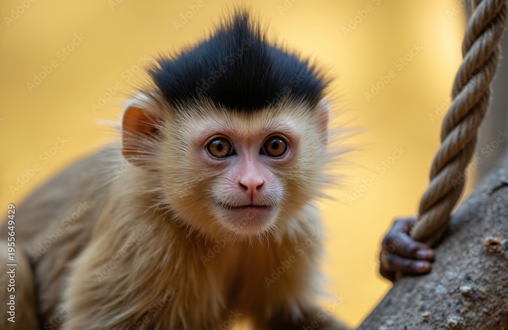 Obraz premium Tufted capuchin monkey sits near thick rope. Young primate has black hair tuft on head and curious brown eyes. It looks forward with funny expression.
