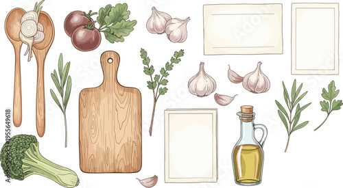 Rustic Kitchen Cooking Elements Vector Illustration Featuring Wooden Cutting Board Garlic Herbs Olive Oil and Fresh Ingredients Collection Set