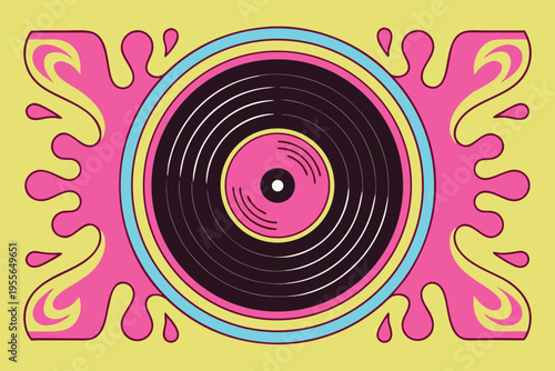 Colorful vinyl record with pink and yellow abstract background