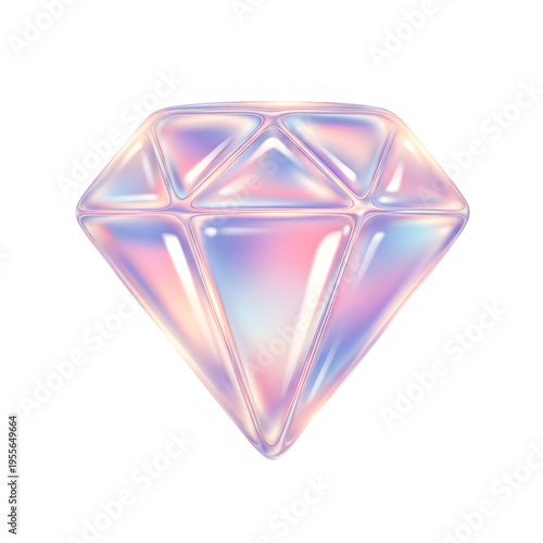 Transparent glassy diamond shape, abstract gradient pastel colors from pink to purple to blue isolated on grid background, sparkling facets