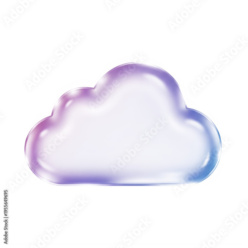 Transparent glassy cloud shape, abstract gradient pastel colors from pink to purple to blue isolated on grid background, soft reflections